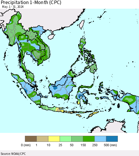 South East Asia Precipitation 1-Month (CPC) Thematic Map For 5/1/2024 - 5/31/2024