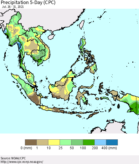 South East Asia Precipitation 5-Day (CPC) Thematic Map For 7/26/2021 - 7/31/2021