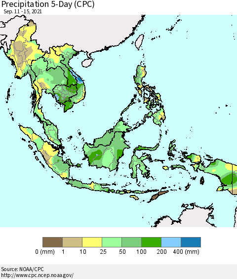 South East Asia Precipitation 5-Day (CPC) Thematic Map For 9/11/2021 - 9/15/2021