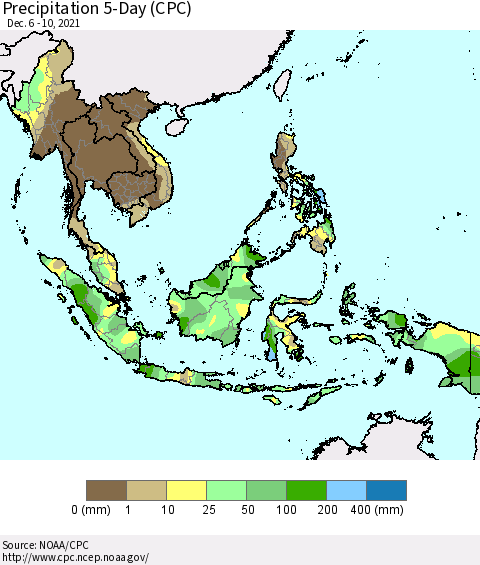 South East Asia Precipitation 5-Day (CPC) Thematic Map For 12/6/2021 - 12/10/2021
