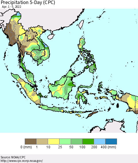South East Asia Precipitation 5-Day (CPC) Thematic Map For 4/1/2022 - 4/5/2022