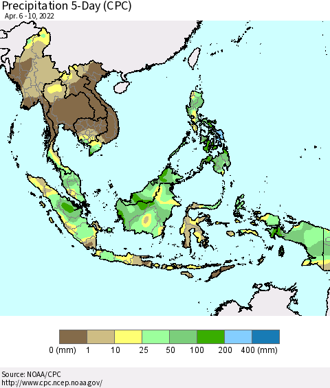 South East Asia Precipitation 5-Day (CPC) Thematic Map For 4/6/2022 - 4/10/2022