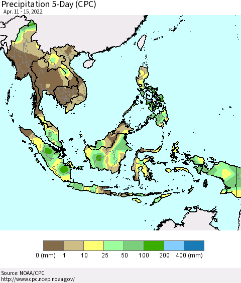 South East Asia Precipitation 5-Day (CPC) Thematic Map For 4/11/2022 - 4/15/2022