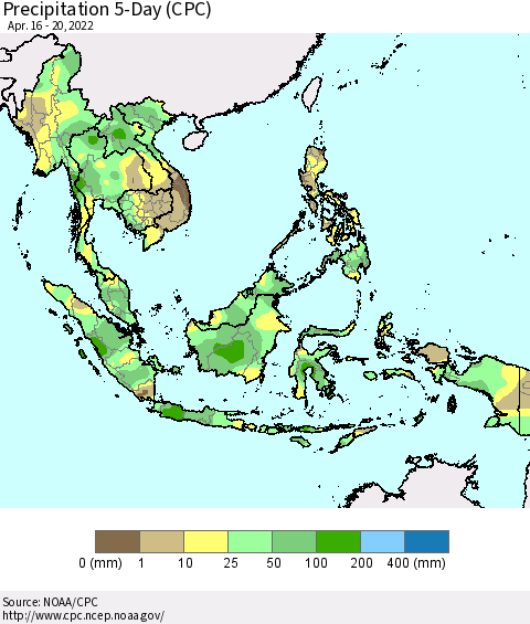 South East Asia Precipitation 5-Day (CPC) Thematic Map For 4/16/2022 - 4/20/2022