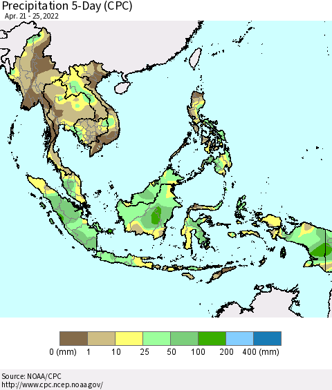 South East Asia Precipitation 5-Day (CPC) Thematic Map For 4/21/2022 - 4/25/2022