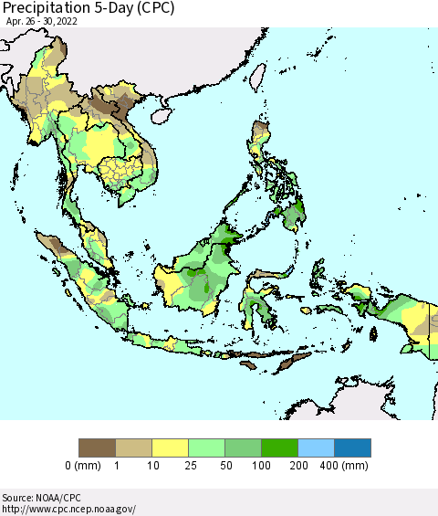 South East Asia Precipitation 5-Day (CPC) Thematic Map For 4/26/2022 - 4/30/2022