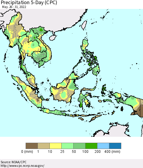 South East Asia Precipitation 5-Day (CPC) Thematic Map For 5/26/2022 - 5/31/2022
