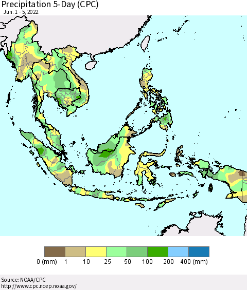 South East Asia Precipitation 5-Day (CPC) Thematic Map For 6/1/2022 - 6/5/2022