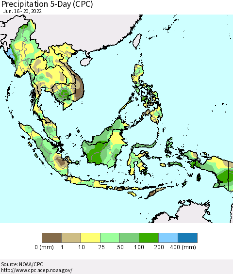 South East Asia Precipitation 5-Day (CPC) Thematic Map For 6/16/2022 - 6/20/2022