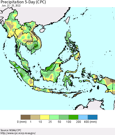 South East Asia Precipitation 5-Day (CPC) Thematic Map For 6/21/2022 - 6/25/2022