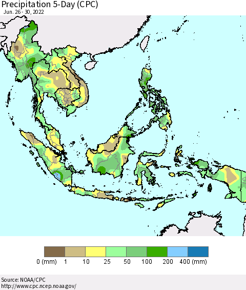 South East Asia Precipitation 5-Day (CPC) Thematic Map For 6/26/2022 - 6/30/2022