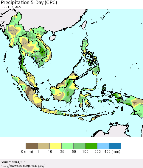 South East Asia Precipitation 5-Day (CPC) Thematic Map For 7/1/2022 - 7/5/2022