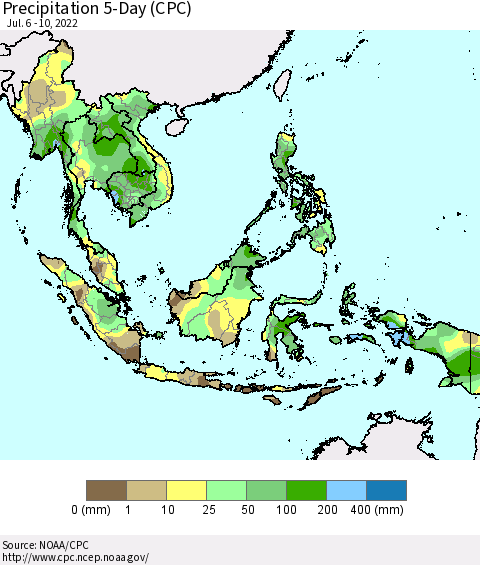 South East Asia Precipitation 5-Day (CPC) Thematic Map For 7/6/2022 - 7/10/2022