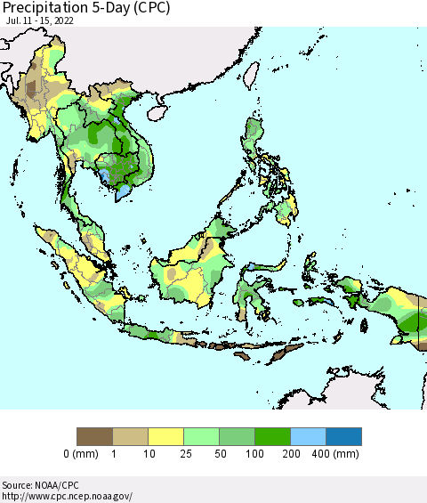 South East Asia Precipitation 5-Day (CPC) Thematic Map For 7/11/2022 - 7/15/2022