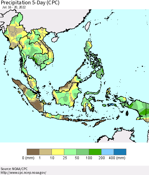 South East Asia Precipitation 5-Day (CPC) Thematic Map For 7/16/2022 - 7/20/2022