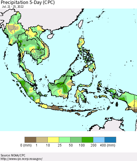 South East Asia Precipitation 5-Day (CPC) Thematic Map For 7/21/2022 - 7/25/2022