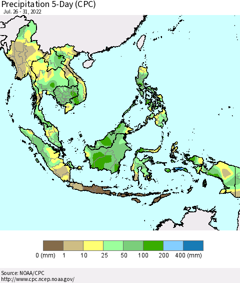 South East Asia Precipitation 5-Day (CPC) Thematic Map For 7/26/2022 - 7/31/2022