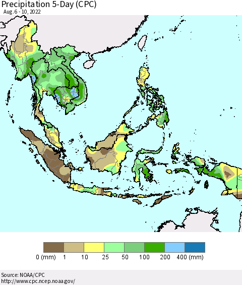 South East Asia Precipitation 5-Day (CPC) Thematic Map For 8/6/2022 - 8/10/2022