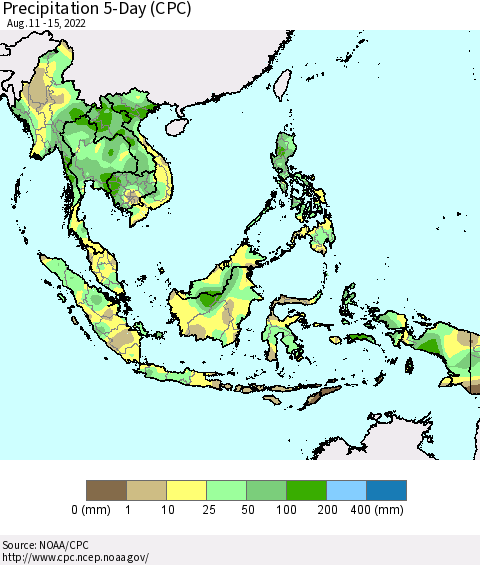 South East Asia Precipitation 5-Day (CPC) Thematic Map For 8/11/2022 - 8/15/2022