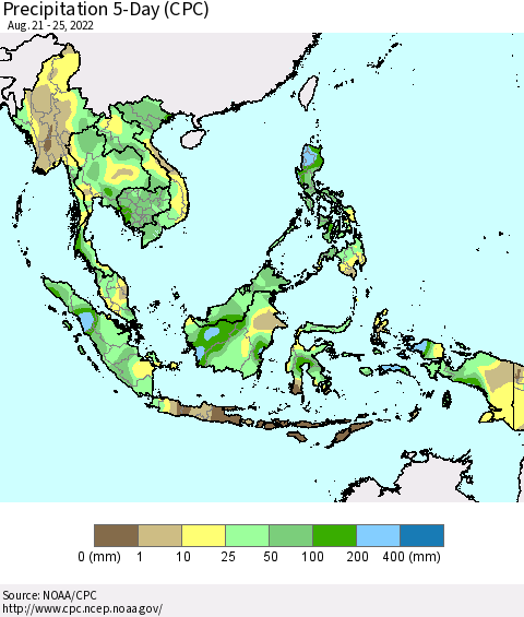South East Asia Precipitation 5-Day (CPC) Thematic Map For 8/21/2022 - 8/25/2022
