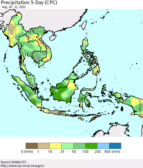 South East Asia Precipitation 5-Day (CPC) Thematic Map For 8/26/2022 - 8/31/2022