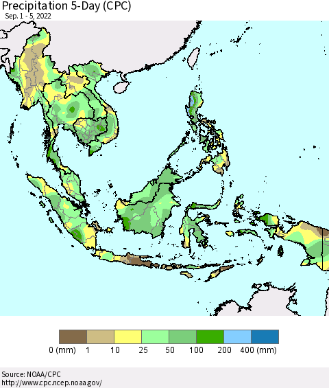 South East Asia Precipitation 5-Day (CPC) Thematic Map For 9/1/2022 - 9/5/2022