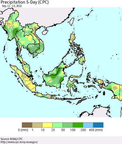 South East Asia Precipitation 5-Day (CPC) Thematic Map For 9/11/2022 - 9/15/2022
