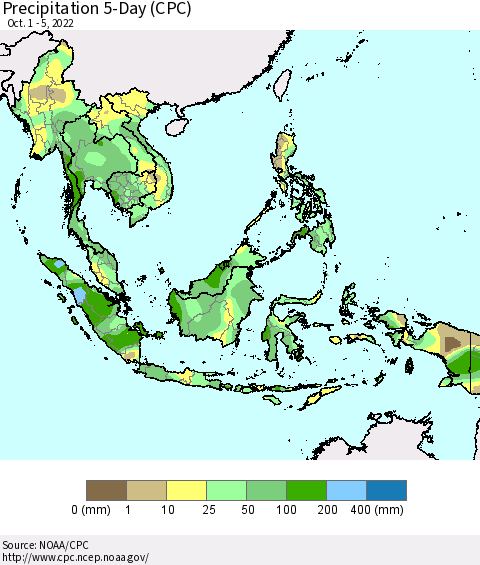 South East Asia Precipitation 5-Day (CPC) Thematic Map For 10/1/2022 - 10/5/2022