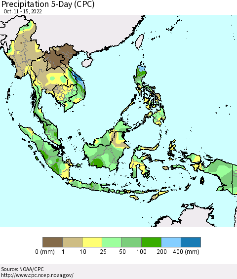 South East Asia Precipitation 5-Day (CPC) Thematic Map For 10/11/2022 - 10/15/2022