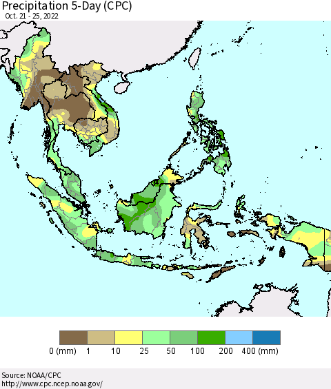 South East Asia Precipitation 5-Day (CPC) Thematic Map For 10/21/2022 - 10/25/2022