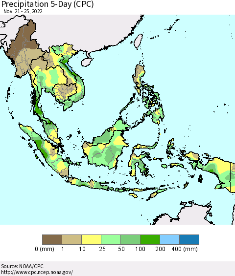 South East Asia Precipitation 5-Day (CPC) Thematic Map For 11/21/2022 - 11/25/2022