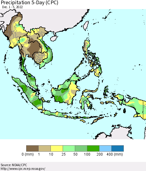 South East Asia Precipitation 5-Day (CPC) Thematic Map For 12/1/2022 - 12/5/2022