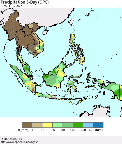 South East Asia Precipitation 5-Day (CPC) Thematic Map For 12/11/2022 - 12/15/2022