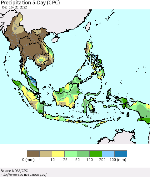South East Asia Precipitation 5-Day (CPC) Thematic Map For 12/16/2022 - 12/20/2022
