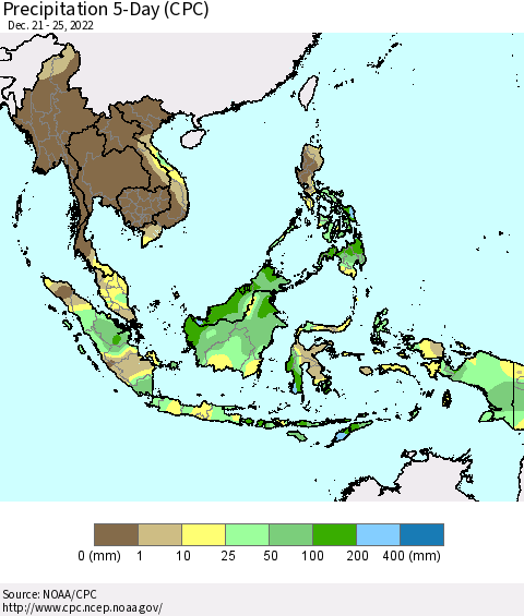 South East Asia Precipitation 5-Day (CPC) Thematic Map For 12/21/2022 - 12/25/2022
