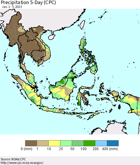 South East Asia Precipitation 5-Day (CPC) Thematic Map For 1/1/2023 - 1/5/2023