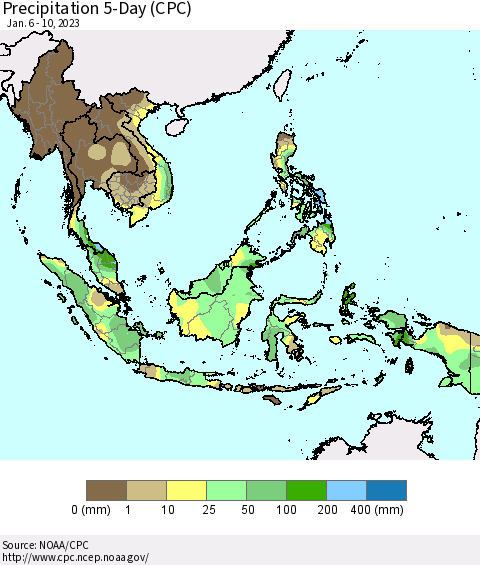 South East Asia Precipitation 5-Day (CPC) Thematic Map For 1/6/2023 - 1/10/2023