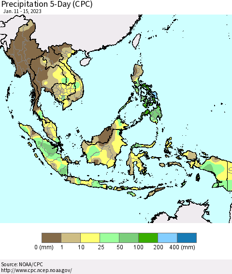 South East Asia Precipitation 5-Day (CPC) Thematic Map For 1/11/2023 - 1/15/2023