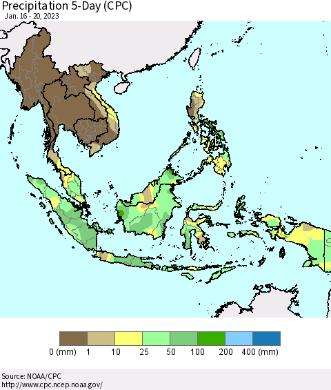 South East Asia Precipitation 5-Day (CPC) Thematic Map For 1/16/2023 - 1/20/2023