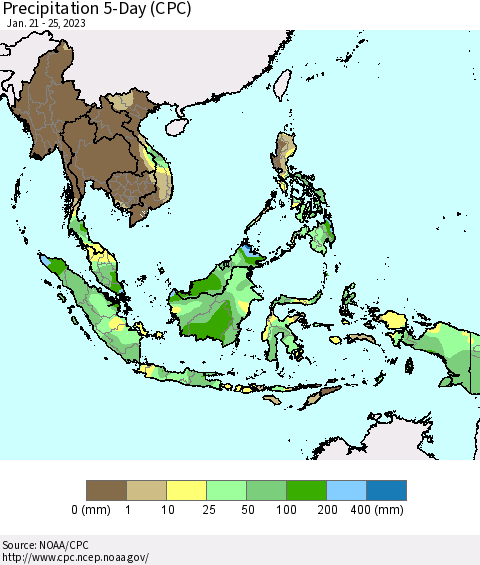 South East Asia Precipitation 5-Day (CPC) Thematic Map For 1/21/2023 - 1/25/2023