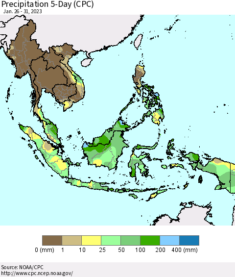 South East Asia Precipitation 5-Day (CPC) Thematic Map For 1/26/2023 - 1/31/2023