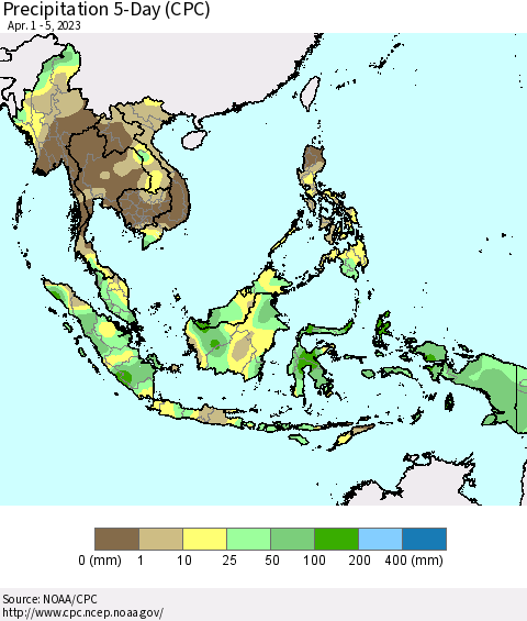 South East Asia Precipitation 5-Day (CPC) Thematic Map For 4/1/2023 - 4/5/2023