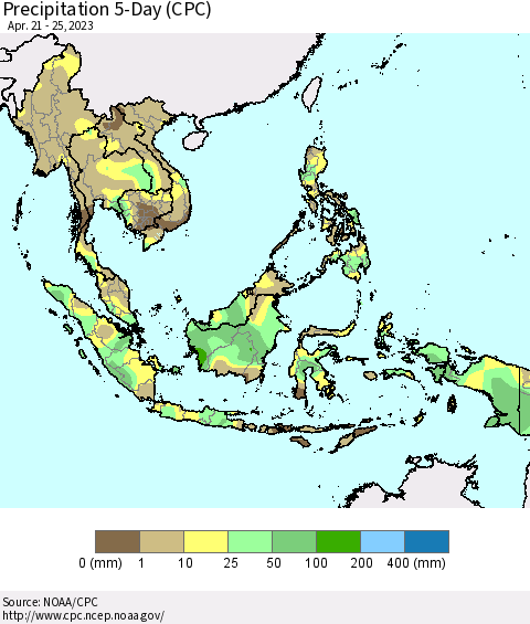South East Asia Precipitation 5-Day (CPC) Thematic Map For 4/21/2023 - 4/25/2023