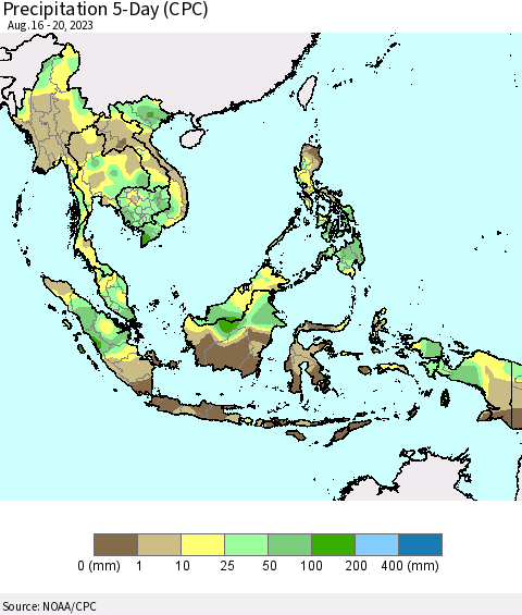 South East Asia Precipitation 5-Day (CPC) Thematic Map For 8/16/2023 - 8/20/2023