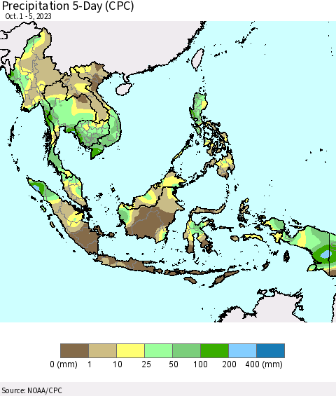 South East Asia Precipitation 5-Day (CPC) Thematic Map For 10/1/2023 - 10/5/2023
