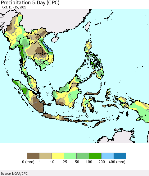 South East Asia Precipitation 5-Day (CPC) Thematic Map For 10/11/2023 - 10/15/2023