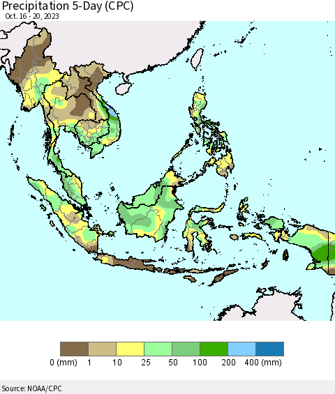 South East Asia Precipitation 5-Day (CPC) Thematic Map For 10/16/2023 - 10/20/2023