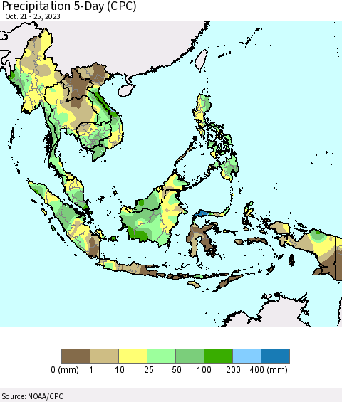 South East Asia Precipitation 5-Day (CPC) Thematic Map For 10/21/2023 - 10/25/2023
