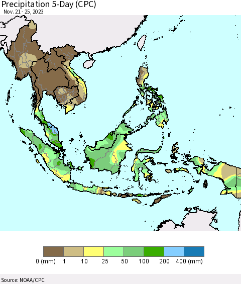 South East Asia Precipitation 5-Day (CPC) Thematic Map For 11/21/2023 - 11/25/2023