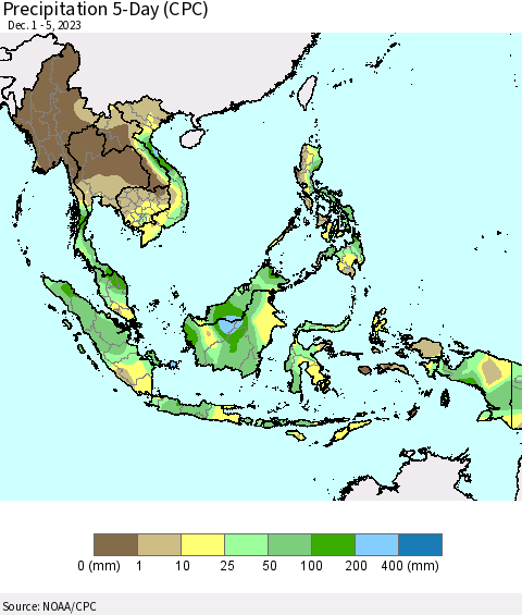 South East Asia Precipitation 5-Day (CPC) Thematic Map For 12/1/2023 - 12/5/2023